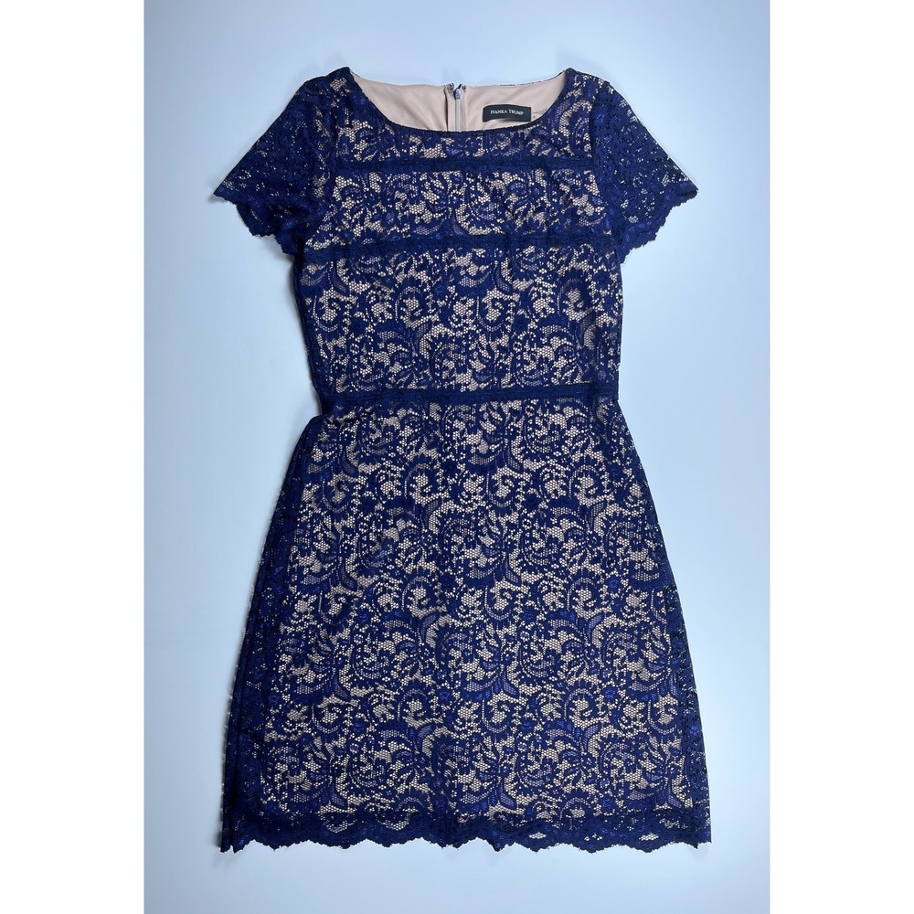 Ivanka Trump Navy Floral Lace Form Fitting Dress Nude Lining Cocktail Dress 8